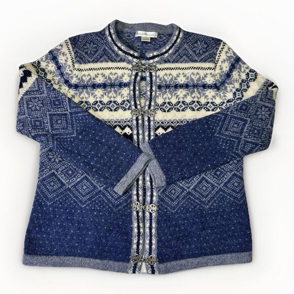Susan Bristol Wool Nordic Fair Isle Cardigan Sweater Blue White XL - Picture 1 of 6